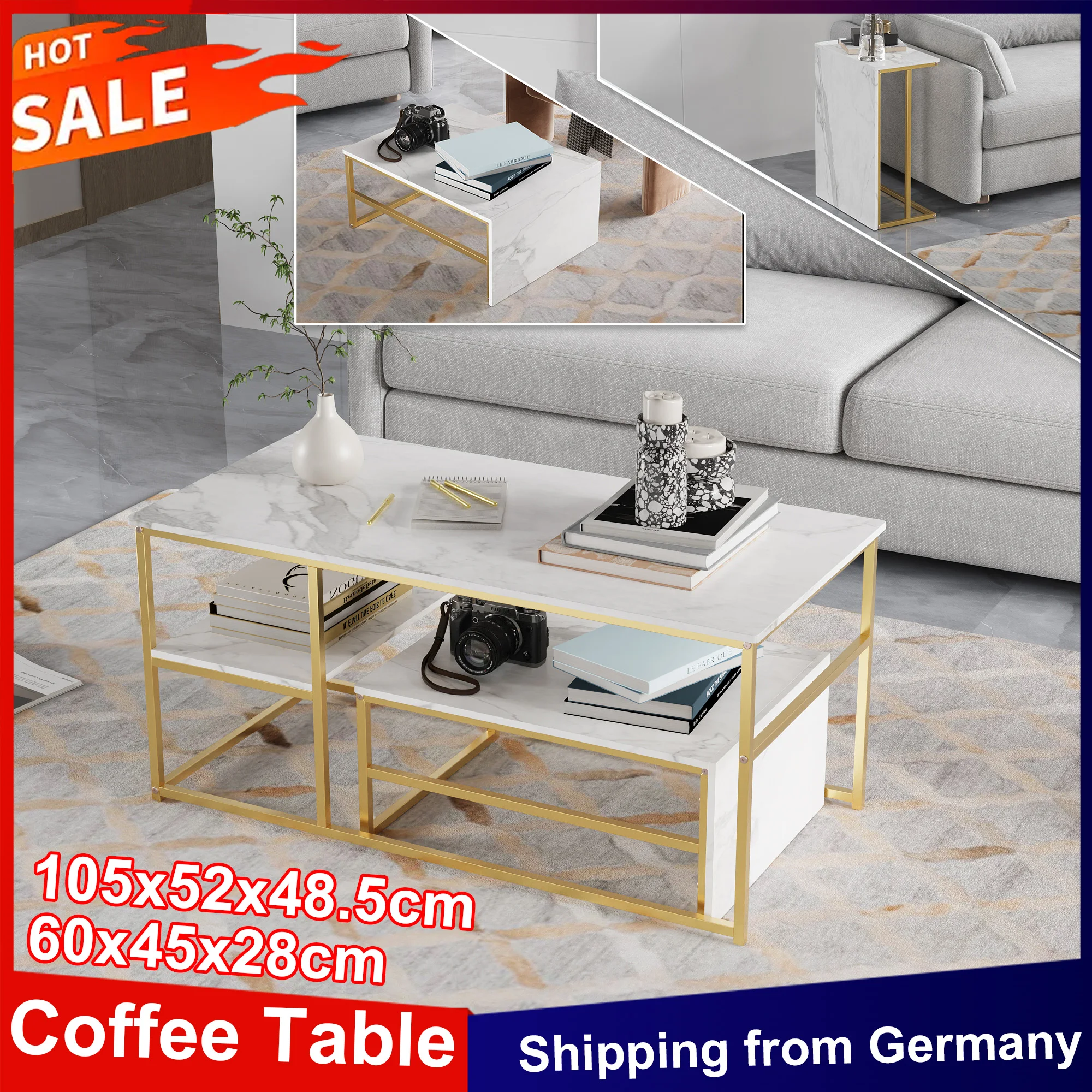 Anajqaqia 2-teiliges rechteckiges Couchtisch-Set, 2-in-1-Beistelltisch, Beistelltisch mit goldenem Metallrahmen, moderner Sofatisch