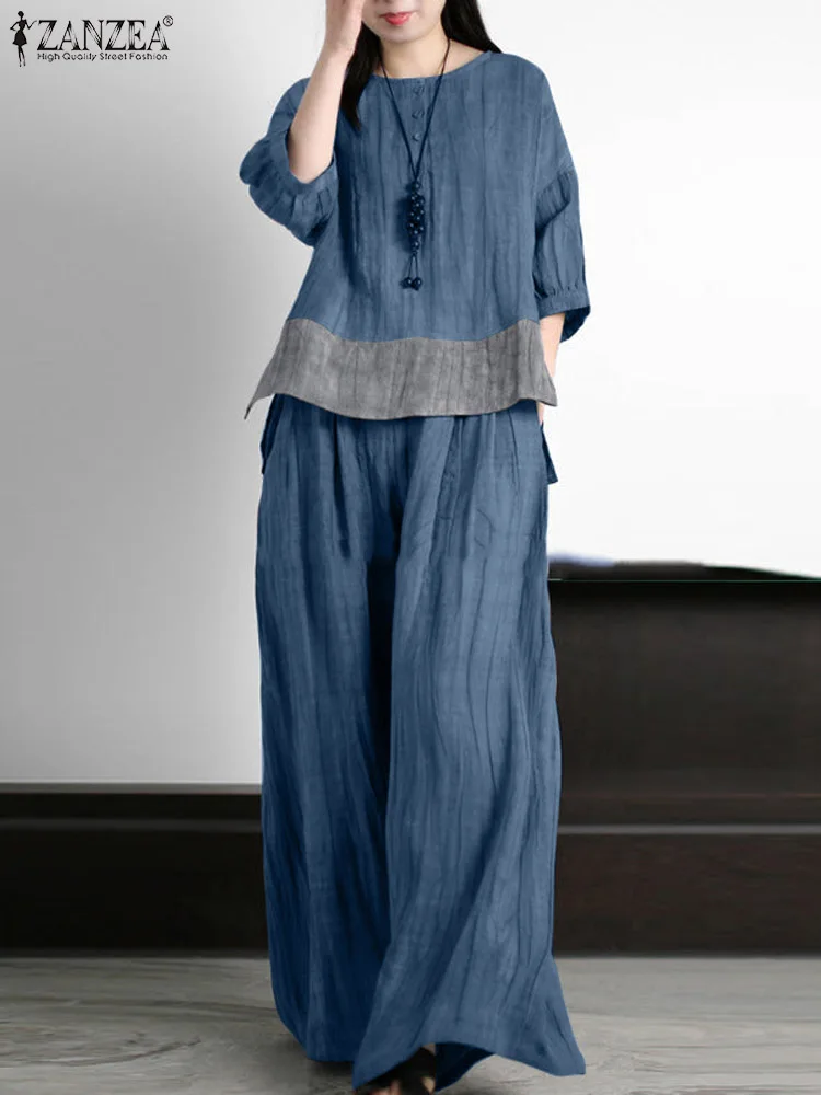 ZANZEA Sommer Vintage Passenden Sets 2PCS 3/4 Hülse O-ansatz Bluse Breite Bein Hosen Frau Stilvolle Patchwork Anzug Casual OL Outfits
