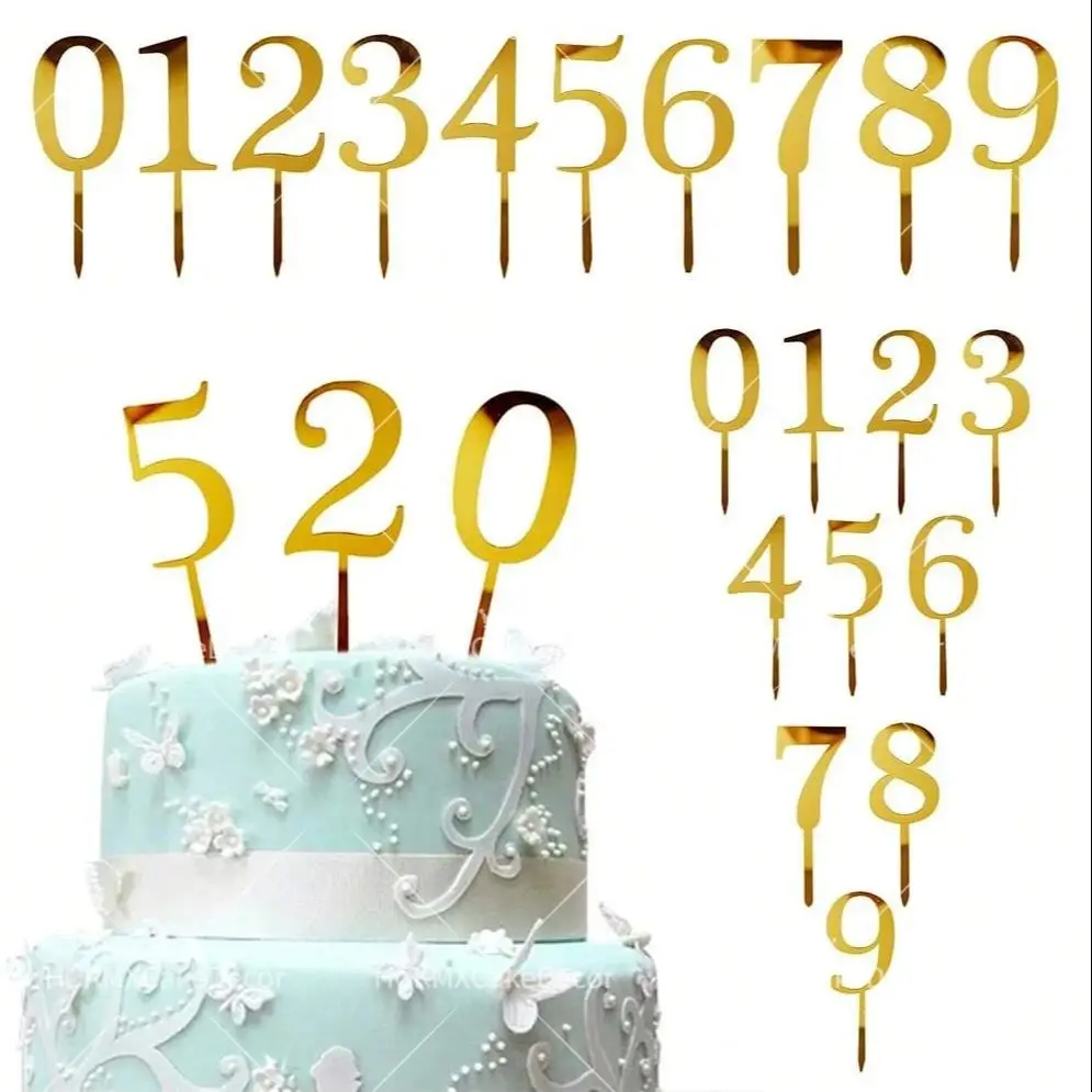 10 Stück/1 Set Goldene Acryl-Zahlen Tortendekoration 0-9 Spiegelgold Geburtstagstorten-Dekorationen für Jubiläum Hochzeit Party-Zubehör Image