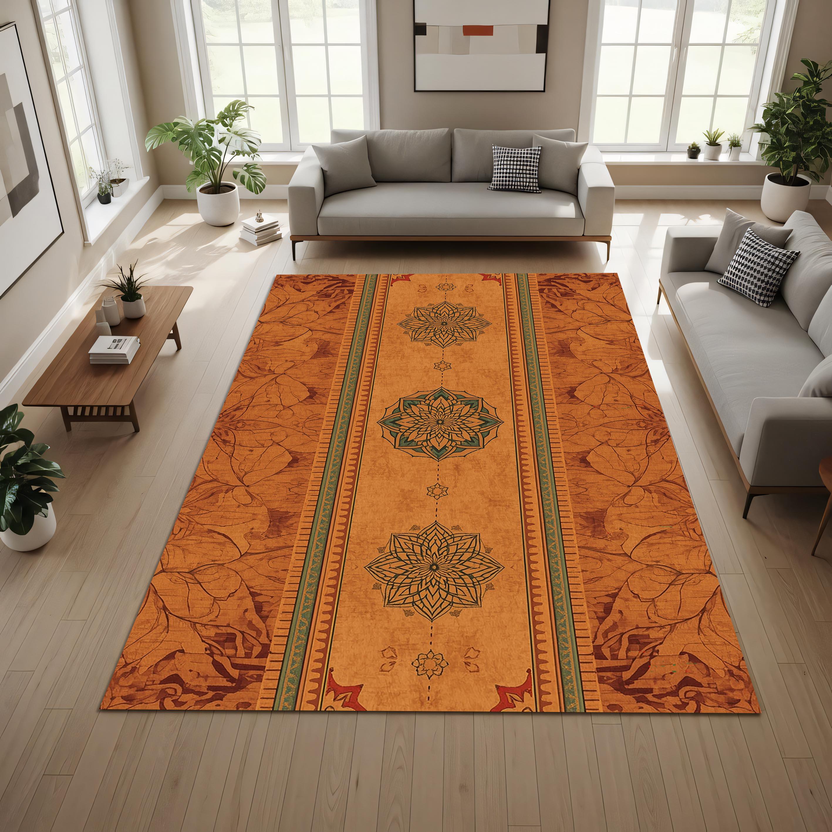 Boho Teppich, Mandala, Yoga Teppich, Meditation Teppich in Gebrannt Orange mit Grüner Bordüre, Vintage Teppich für Wohnzimmer Schlafzimmer Dekor