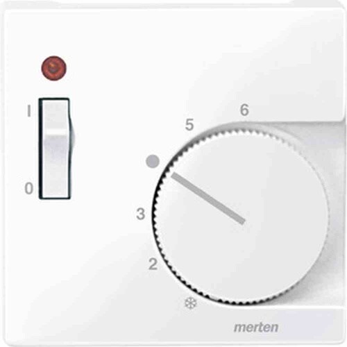 Merten System M Zentralplatte, Raumtemperaturregler, aktivweiß, glänzend, Sonderaufdruck, Kontrollfenster/Lichtauslass Image