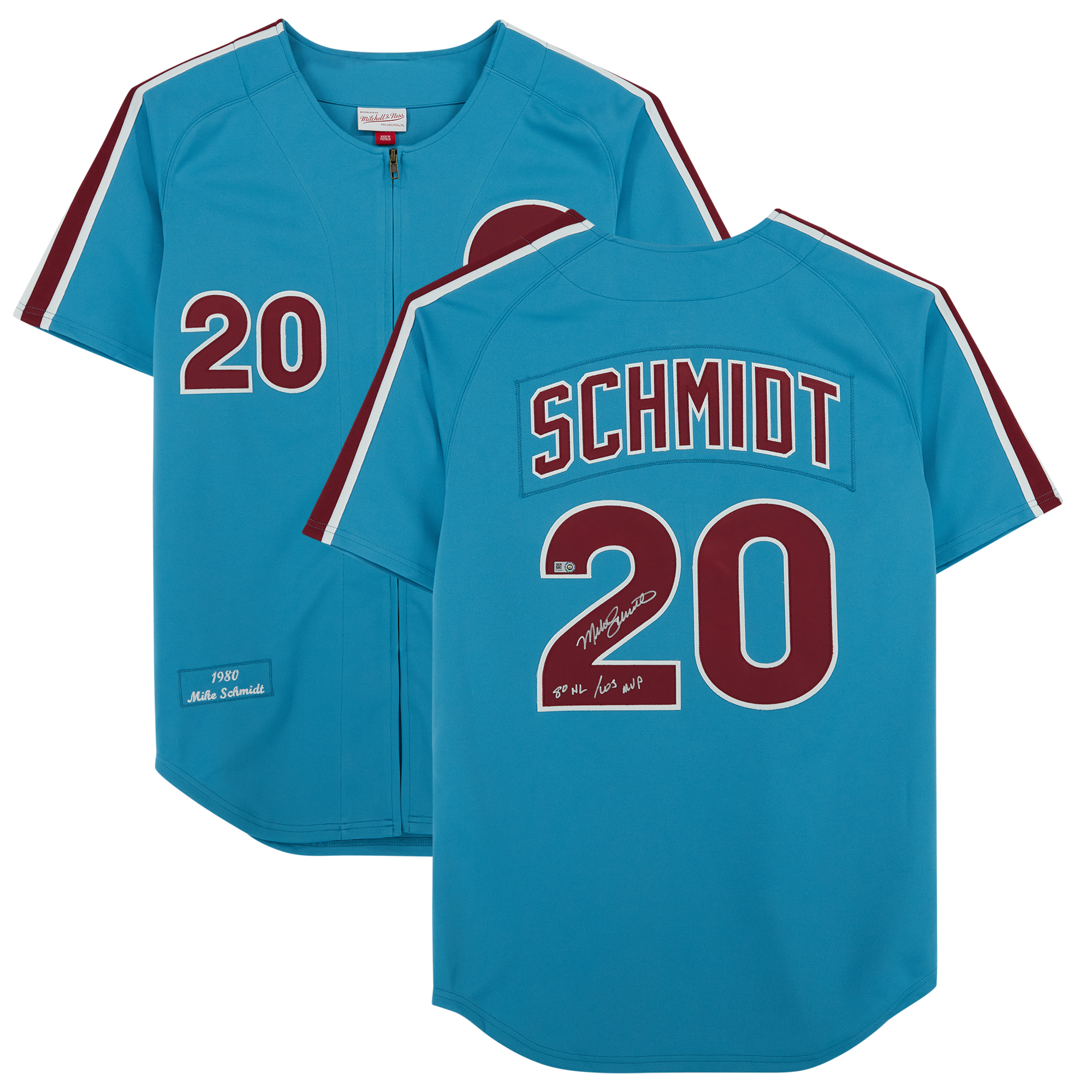 "Mike Schmidt Philadelphia Phillies Autogramm auf Mitchell & Ness Authentic Hellblau 1980 mit NL/MVP-Aufschrift" Image