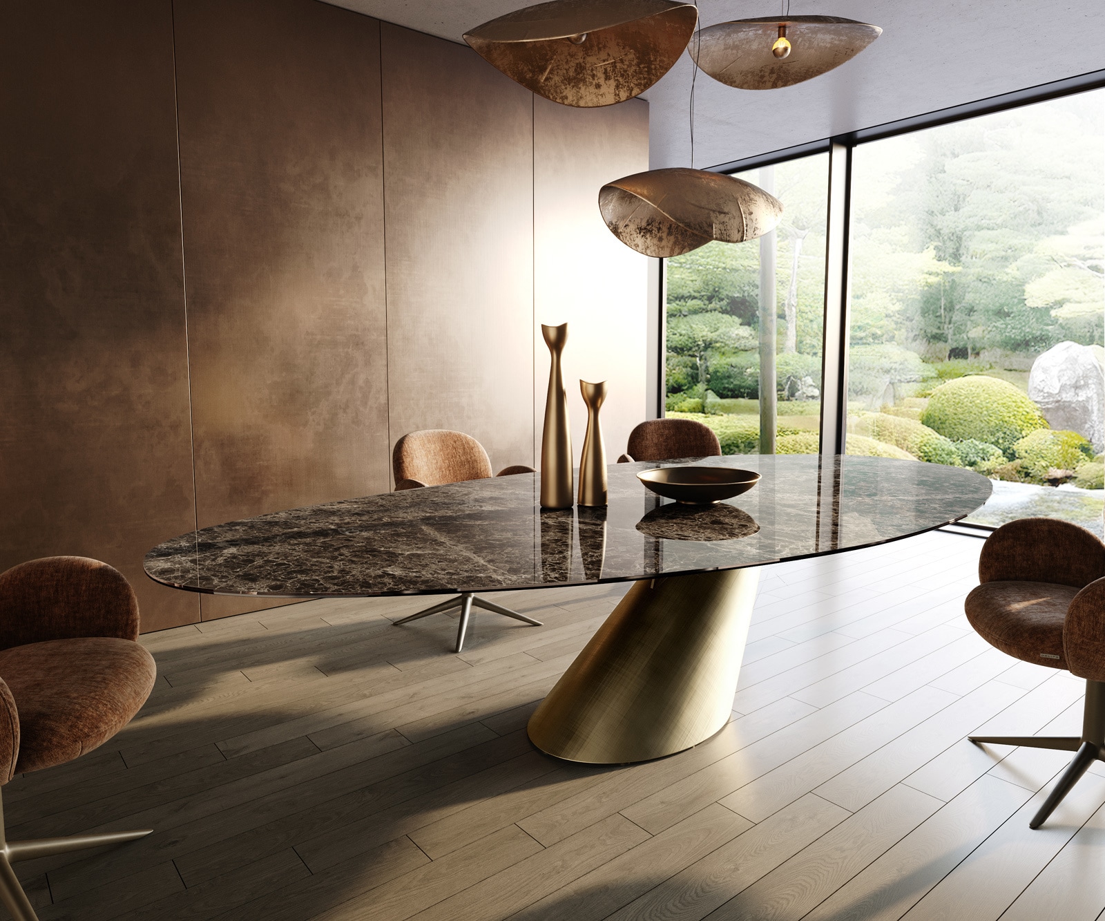 DELIFE Esstisch Edge Oval 315x150 cm Keramik Emperador Extra Lucidato Dunkelbraun Cono Metallic Gold, Esstische - DELIFE