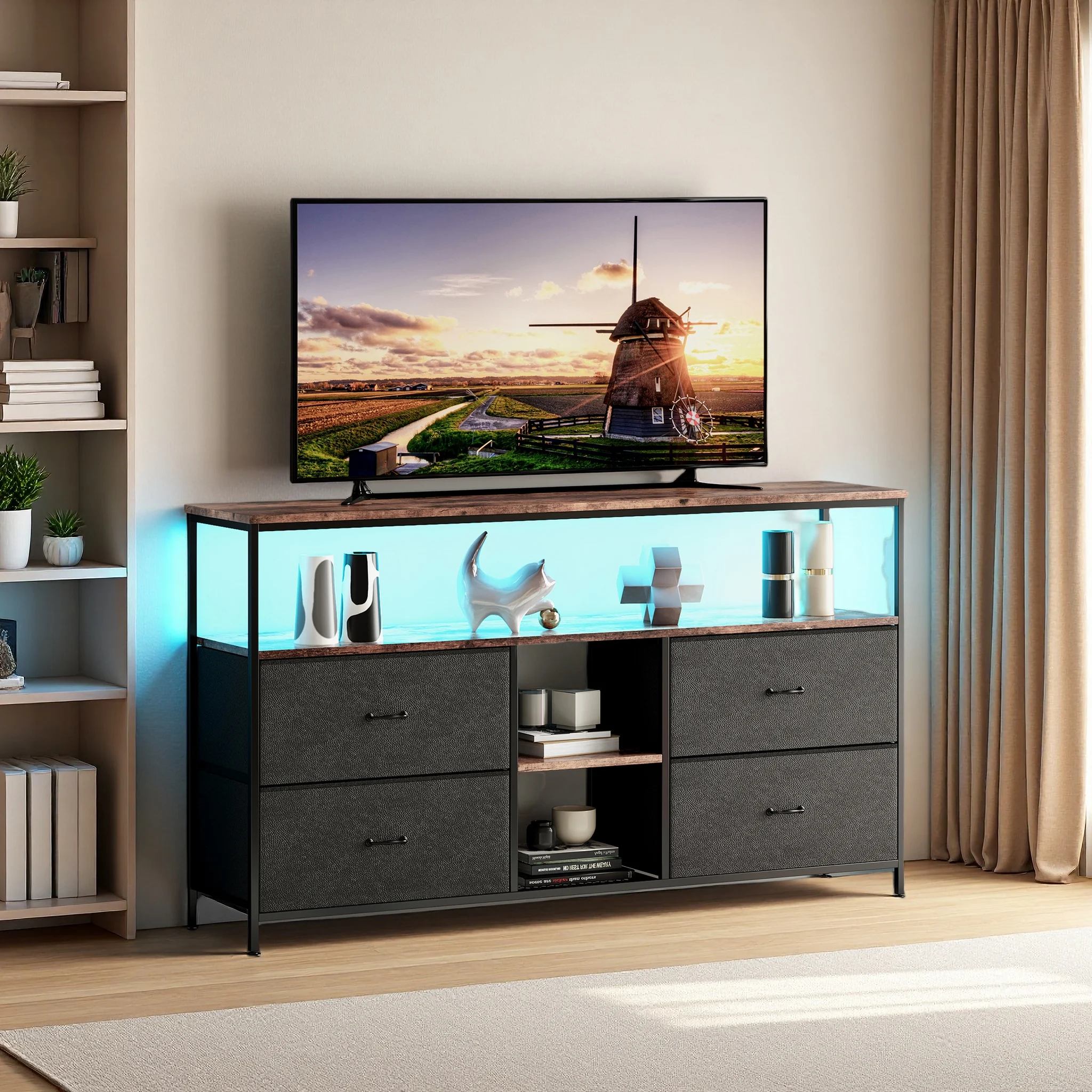 Meuble TV, Meuble de rangement avec éclairage LED, Commodes et buffets, Meuble TV de style rétro pour le salon, Chambre à coucher