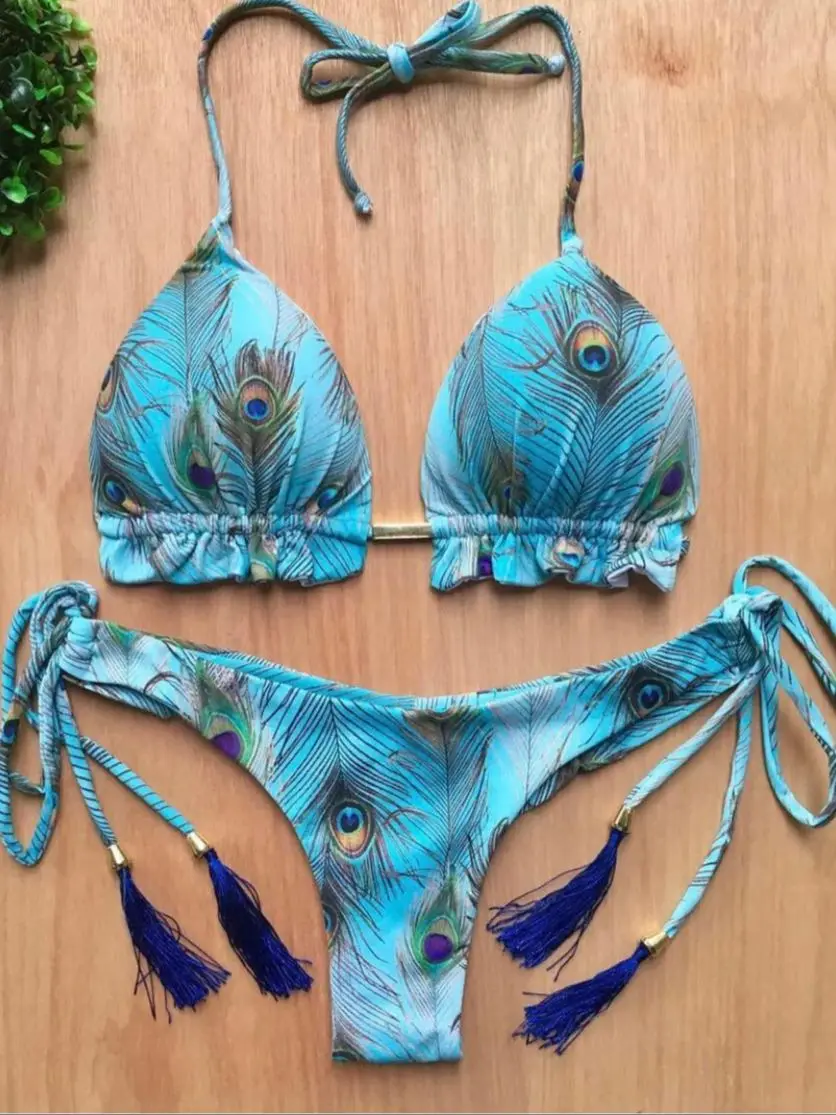 RUOTONGSEPT Micro Bikini Sexy Set 2024 Nuovo Costume Da Bagno Delle Donne Della Stampa Della Piuma Della Fasciatura Costumi Da Bagno Femminile Costume Da Bagno Brasiliano Biquinis
