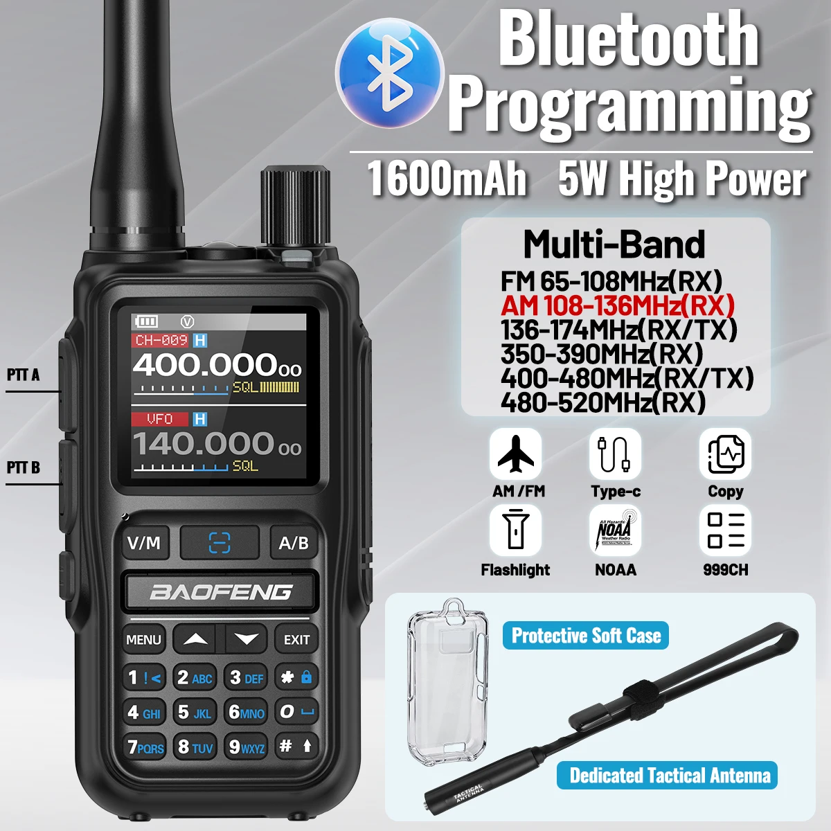 Baofeng UV 5R MINI Drahtloses Frequenzkopier-Walkie-Talkie mit Großer Reichweite, Multiband, Typ-C Amateurfunkgerät mit Schutzhülle/Antenne Image