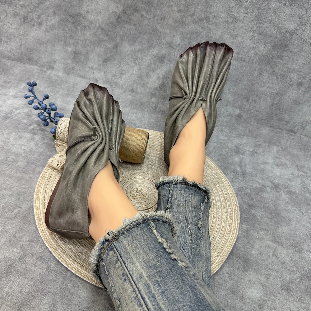 Birkuir Retro Plissee Wohnungen Frauen Schuhe Runde Kappe Slip Auf Loafers Gürtel Schuhe Weiche Sohlen Luxus Echtes Leder Freizeit Schuhe