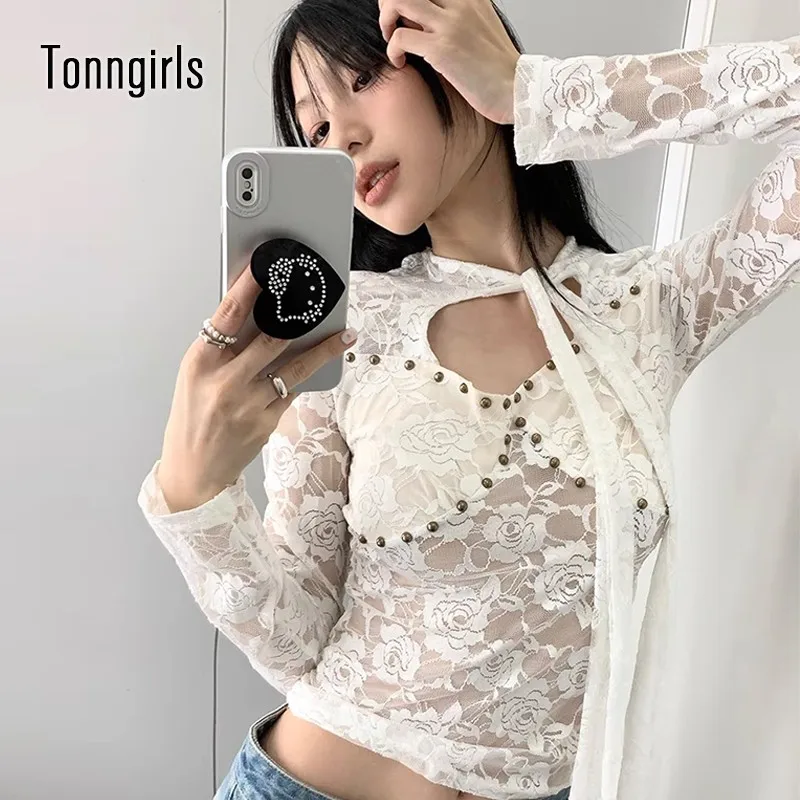 Tonngirls Vintage T-Shirt Frauen Spitze lcae up Shirt aushöhlen y2k T-Shirts Fairycore 2000s koreanischen Stil T-Shirts Herbst Winter Image