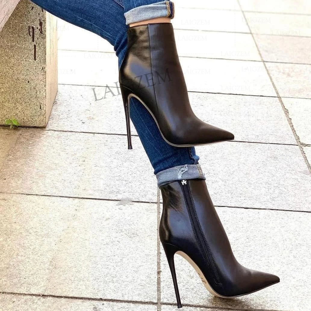 DOHBANER Stiefeletten Für Frauen Spitze Zehen Seite Zip Thin High Heels Faux Leder Damen Party Schuhe Frau Große Größe 39 43 44 46 47 Image