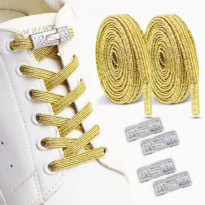 1 Paar/2 Paar NEUE Diamant-Lock-Glitzer-Flachschnürsenkel, bunte elastische Schnürsenkel ohne Binden, Schuhzubehör für einfaches Anziehen Image