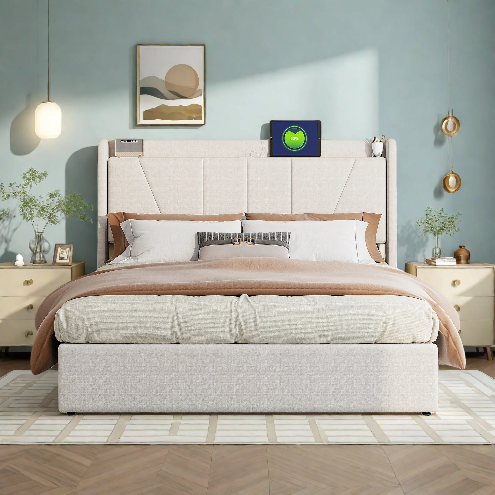 Superaly 140x200cm Hydraulisches Bett mit Stauraum, Multifunktionales Bett mit USB-Ladefunktion und Kopfteil, Leinenstoff, Beige Image