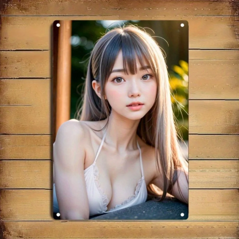 HD Metall-Blechschild: Süße asiatische Dame mit langen Haaren in hellrosa Spitzen-Camisole – Vintage Wandkunst-Dekoration für Zuhause, Bar, Männerhöhle Image