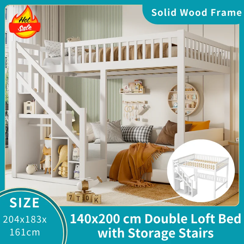 140 x 200 cm Doppelbett-Hochbett mit Stauraumtreppe, Massivholz-Hochbettgestell aus Kiefernholz mit Stauraum und Sicherheitsgeländer, Doppelbett für Erwachsene, Kinder und Jugendliche, ohne Matratze, Image
