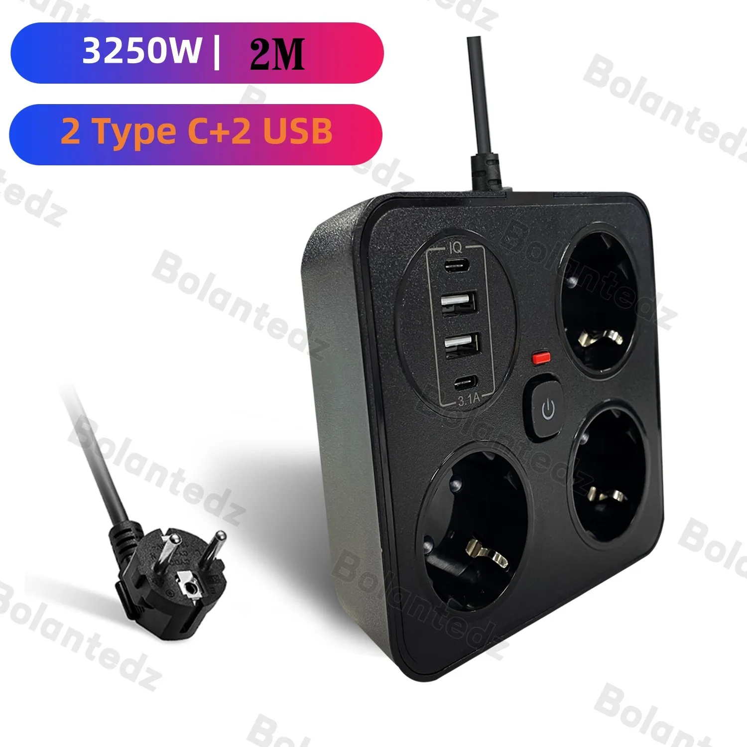 3-Wege-Steckdosenleiste für europäische Steckdosenleiste, Überlastschutz, 2 m Verlängerungskabel, EU-Steckdose mit USB-C-Ladeanschluss, Netzwerkfilter-Adapter Image