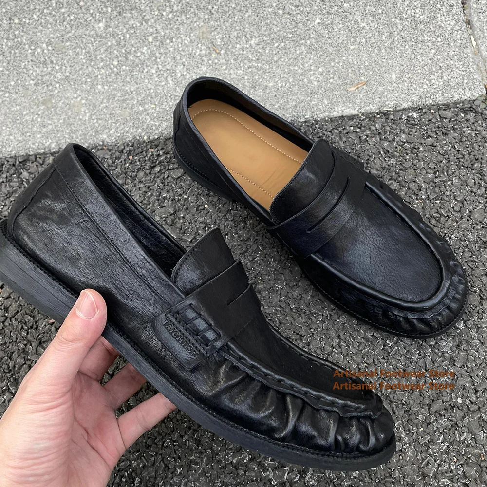 Schwarze Leder-Slip-on-Loafer, weiches Leder, weiche Sohle, einzelne Schuhe, Derby-Schuhe, trendige handgefertigte Luxus-Designer-Herrenschuhe