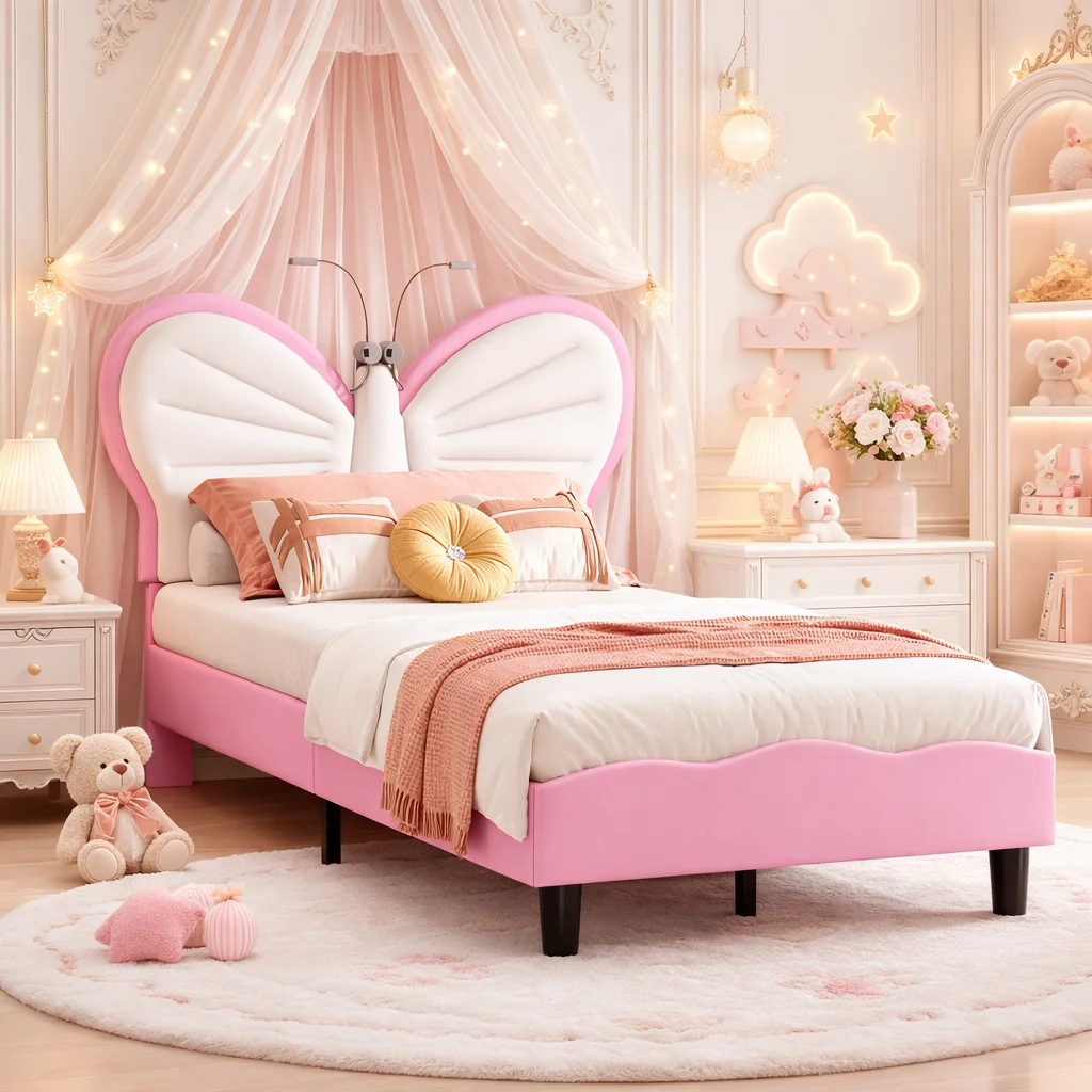 Kinderbett 90x200 mit Leselampe, Polsterbett aus Samt mit verstellbarem Kopfteil, Einzelbett Jugendbett mit Lattenrost, Mädchen Prinzessinnenbett für Kinderzimmer Schlafzimmer