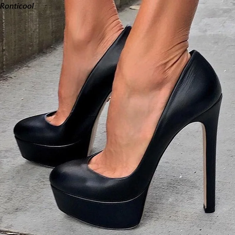 Ronticool Neue Ankunft Handgemachte Frühling Frauen Pumpen 14 cm High Heels Runde Kappe Elegante Schwarze Kleid Schuhe Frauen UNS Plus größe 5-13