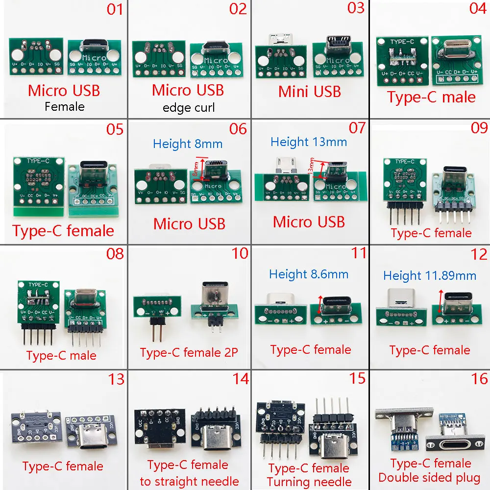 2 stücke Micro Mini USB Typ C USB 2,0 3,0 Stecker Buchse Leiterplatte 90 Grad mit Pin Header Daten Ladekabel Buchse Test platine Image