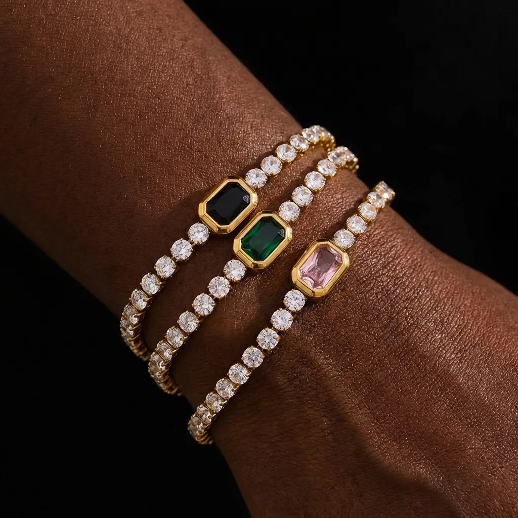 Edelstahl-Armband Schwarz Grün Rosa Quadratischer Zirkon-Anhänger Goldfarben Eleganter Damenschmuck Verstellbarer Luxus-Modeschmuck