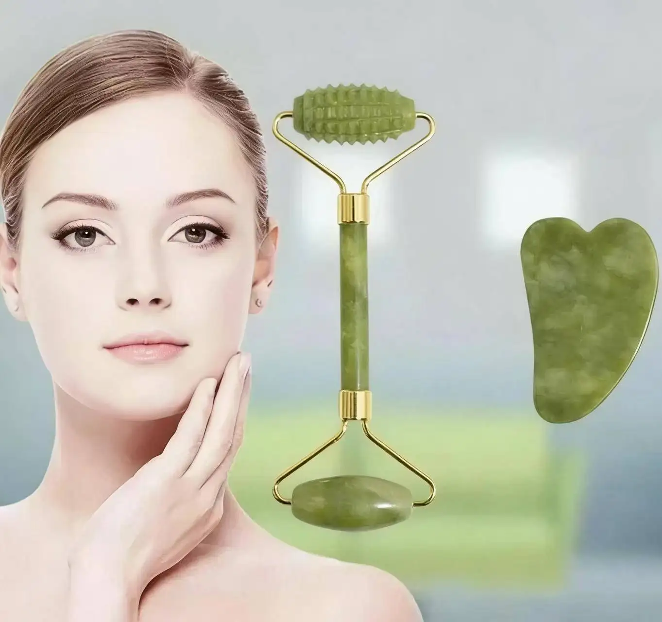 2 Stück Natürlicher Jade-Roller für Gesicht und Körper, Gua Sha Massagegerät für Akupunkturpunkte, Augenpflege, Spa-Massage-Tools, Gesichtslifting Image