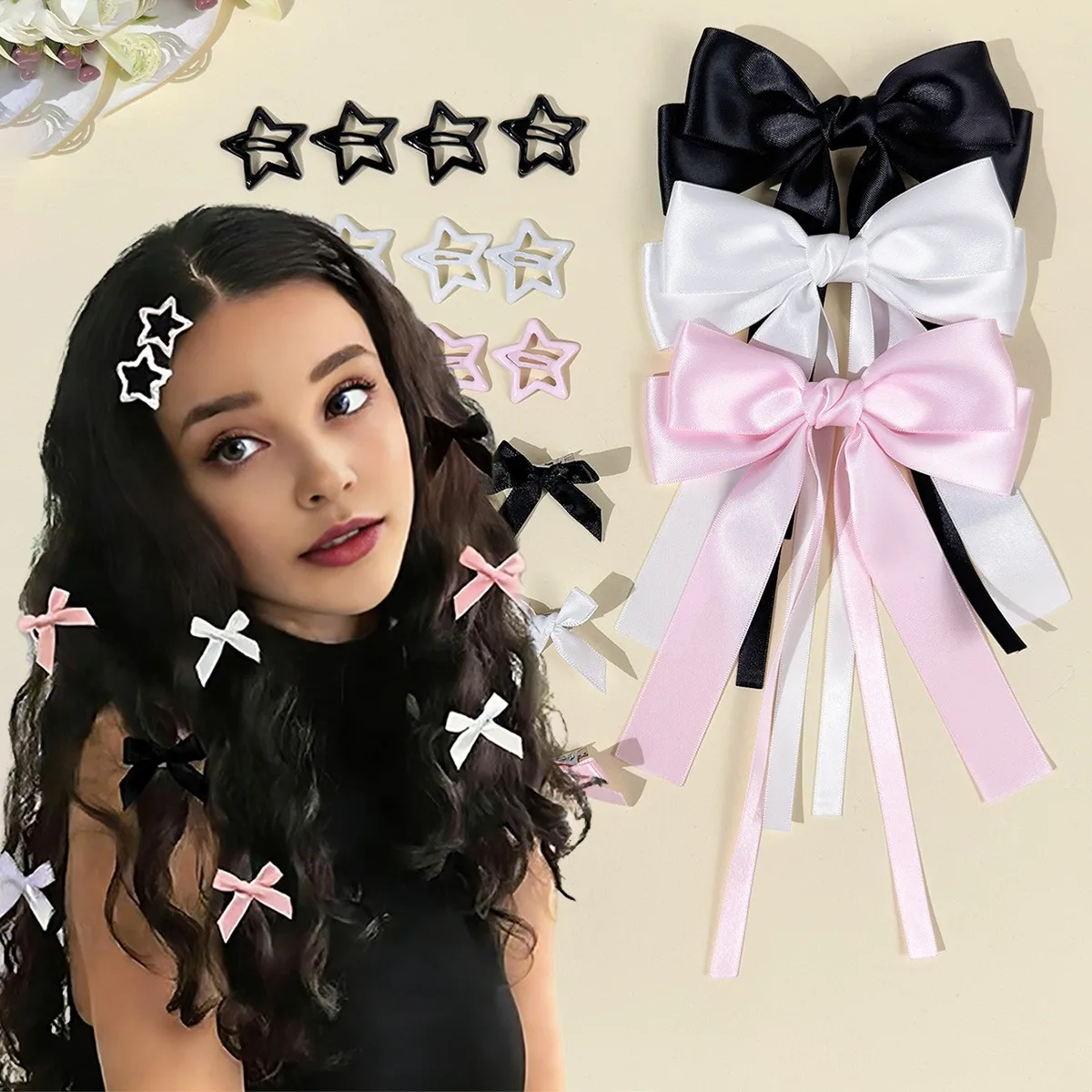 Koreanische Einfarbige Schleifen-Haarspangen mit Doppelschleife für Damen und Mädchen, Lange Quasten-Silber-Haarklammern, Accessoires Image