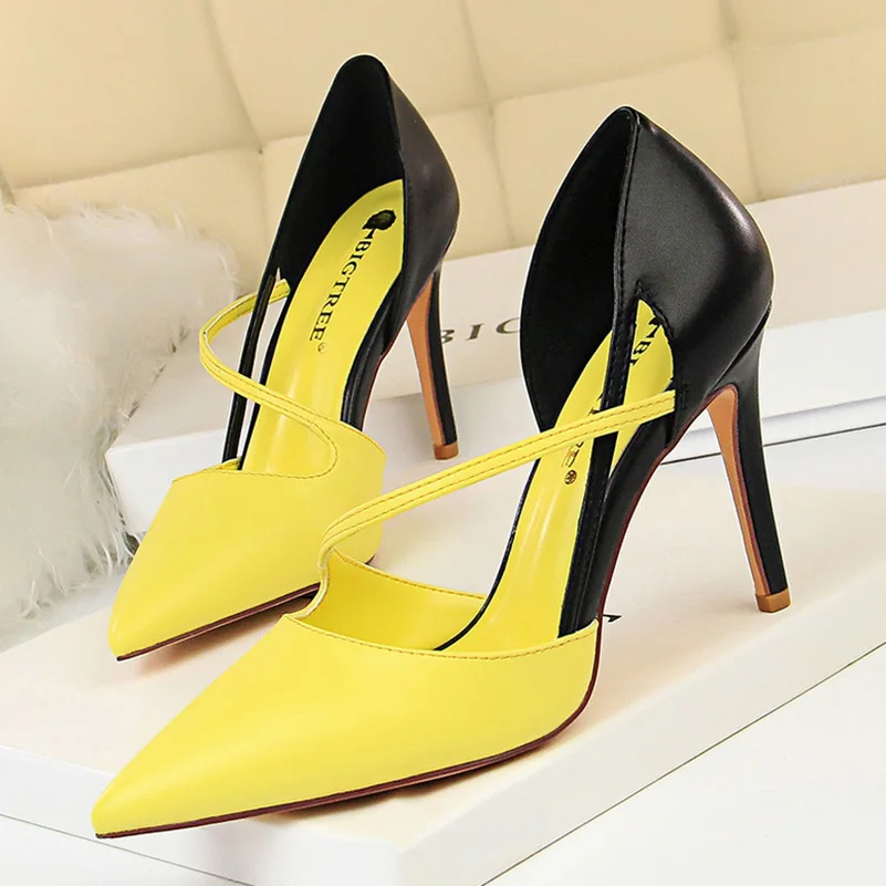 Neue Sommer Frauen 9,5 cm High Heels Sandalen Nachtclub Stripper Heels sexy Patchwork Sandeln Party Knöchel riemen gelb rosa Schuhe