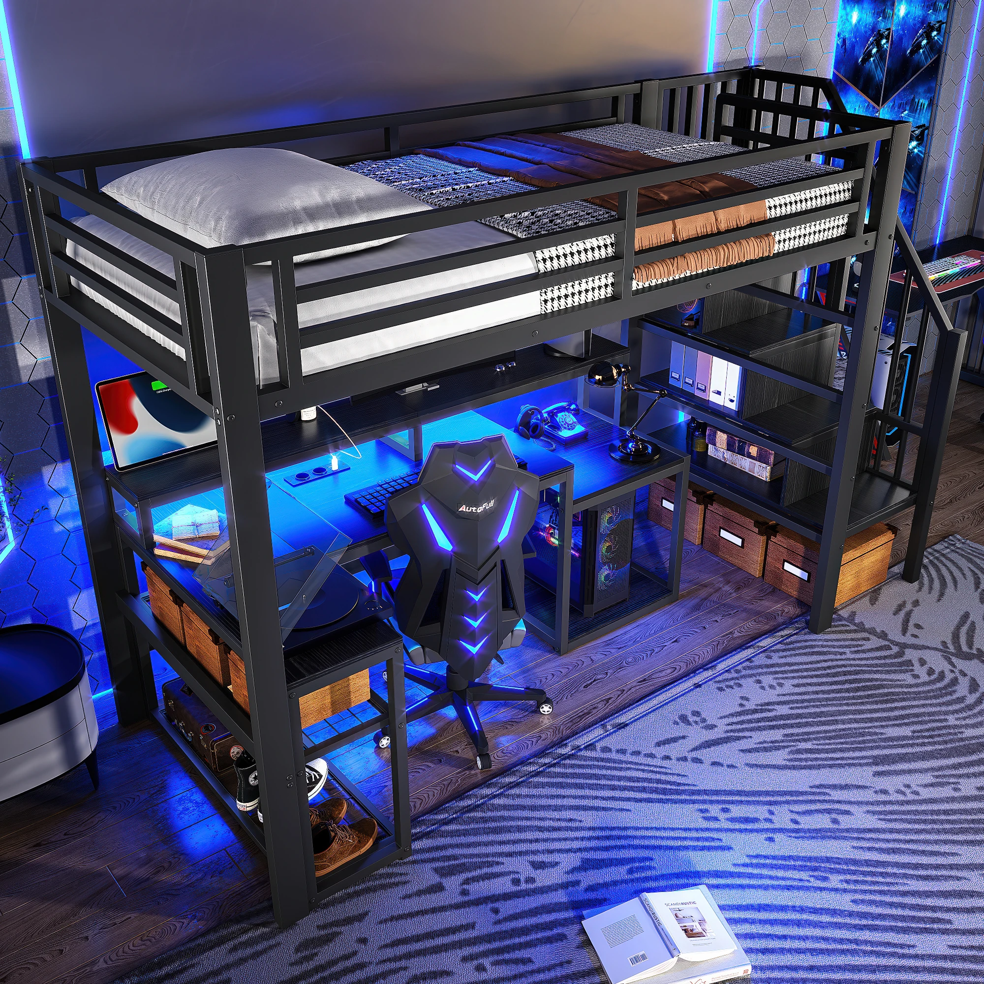 okwish Hochbett 90x200 Gamingbett mit Schreibtisch, LED, USB, Schwarz Image