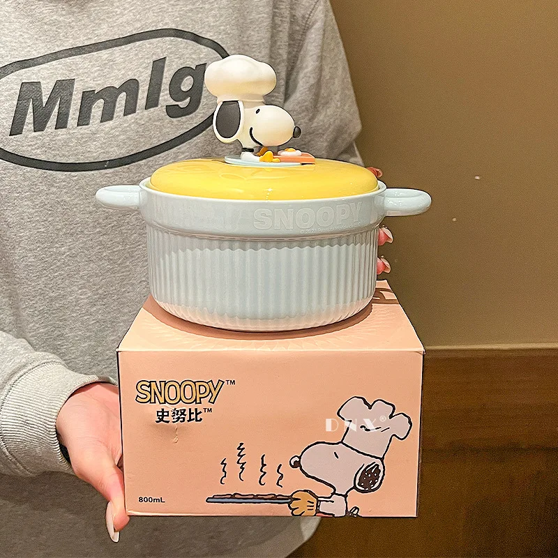 Kawaii Snoopy Instant Noodle Bowl with Lid Ceramic Bowl Cartoon Snoopy Household Aesthetic Value Large Capacity Ceramic Bowl