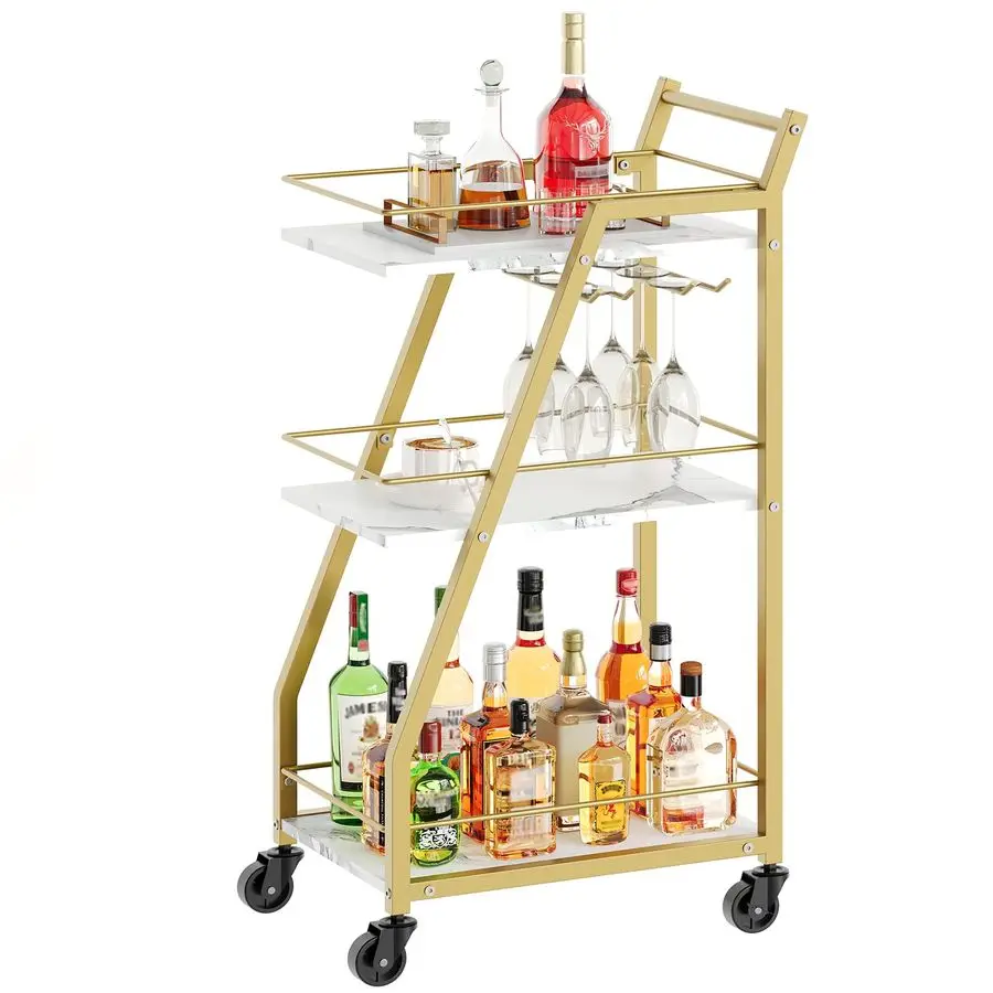 Cart, Drinks Trolley with Glass Holder, Serving Trolley on Wheels, Small Gold Bar Cart, Drinks Cart for Bar, Kitchen, Dining, M
