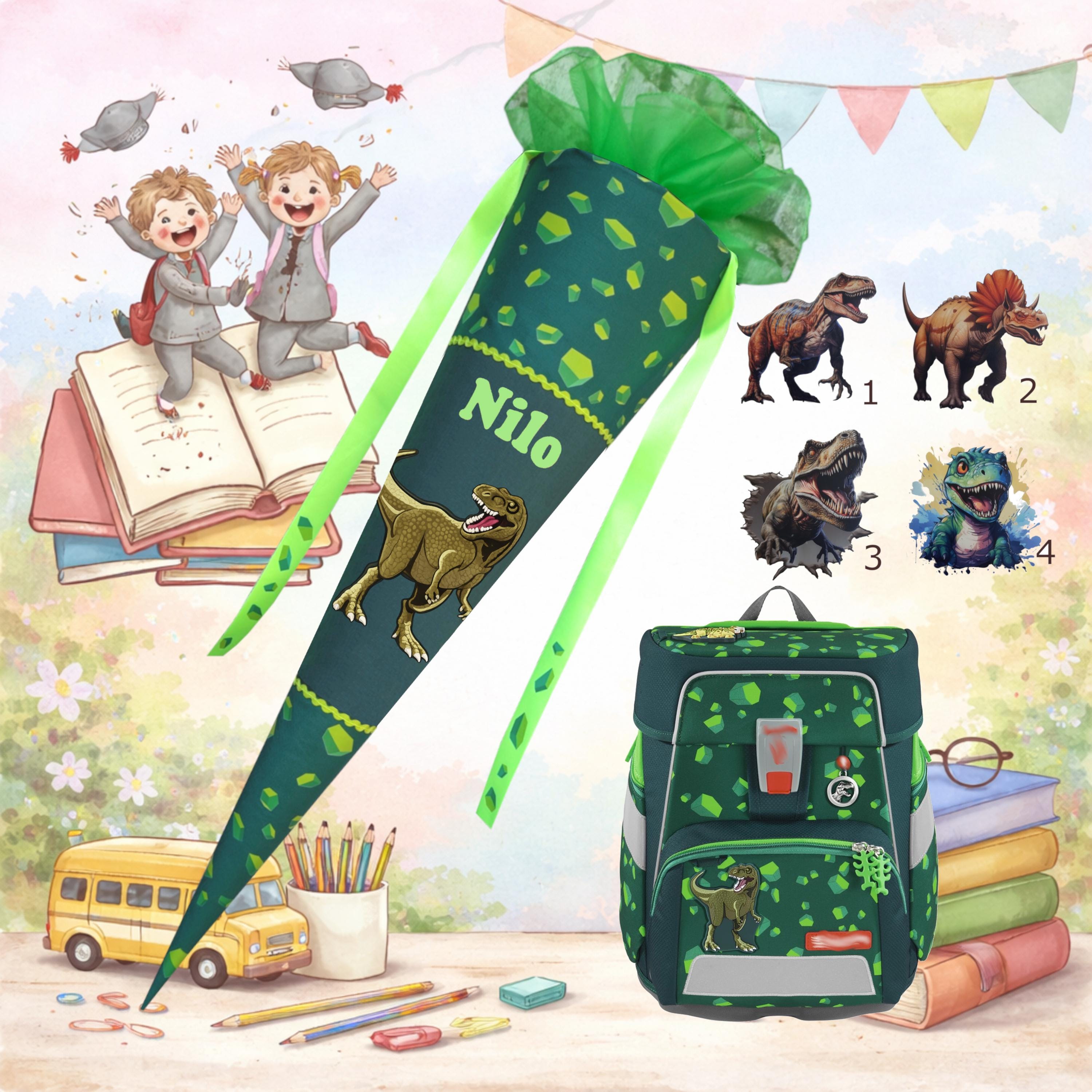 Cono scolastico per bambini con il nome Dino Green - cono scolastico in tessuto abbinato al set per il ritorno a scuola Step by Step Dino Targo