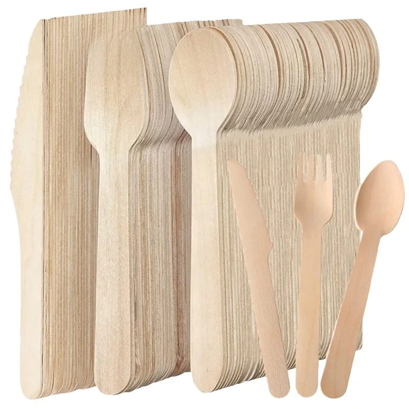 300Pcs Disposable Wooden Cutlery Set, Including Knives, Forks, and Spoons for Parties, Holidays, Birthdays, Weddings, and Home Decoration, Suitable for Home Kitchens, Restaurants, Hotels, Kitchen