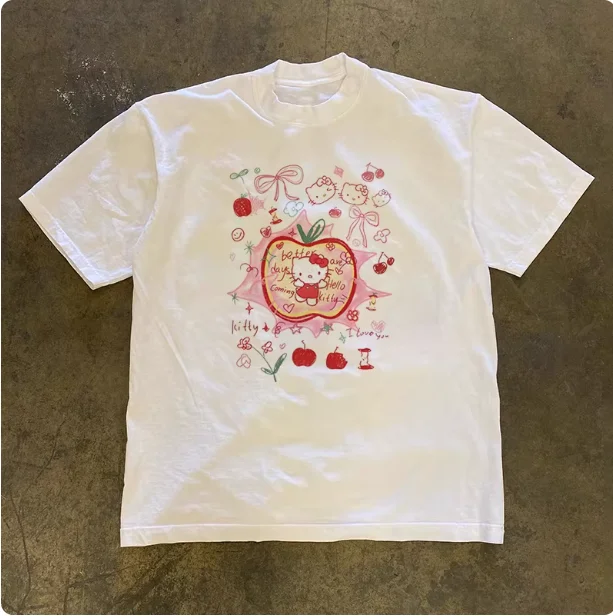 Sanrio 2026 Sommer-Comic-Design Hello Kitty Motiv 100% Baumwolle Bedrucktes Freizeit-T-Shirt für Erwachsene und Kinder Eltern-Kind-Oberteil Freizeitkleidung