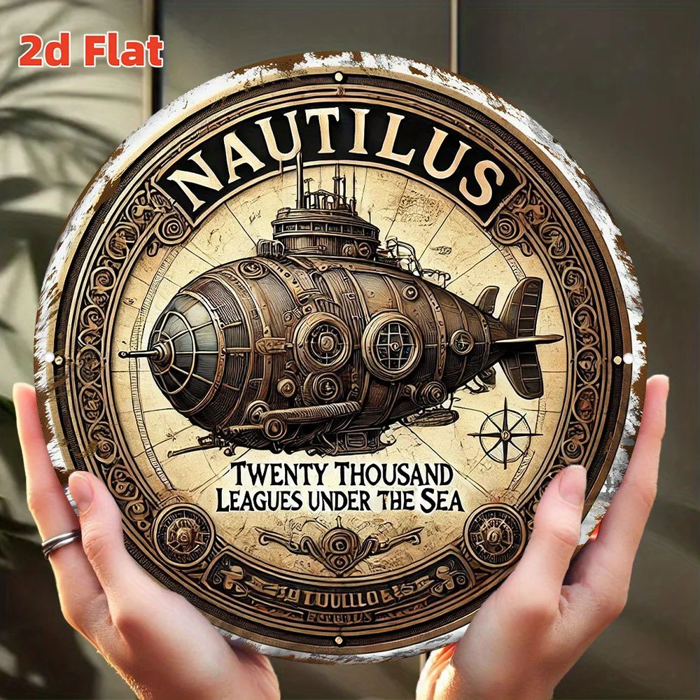 Vintage „Nautilus: Zwanzigtausend Meilen unter dem Meer“ Steampunk-U-Boot 2D Flachblechschild – Retro nautisches literarisches Motiv