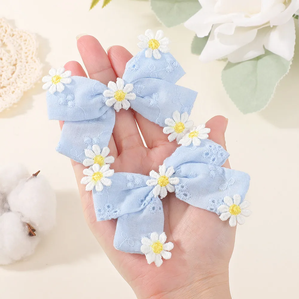 2 Stück/Set Mädchen Gelbe Blumen Bestickte Haarspange Baumwoll-Schleife für Mädchen Haarklammern Haarschmuck Kopfschmuck Image
