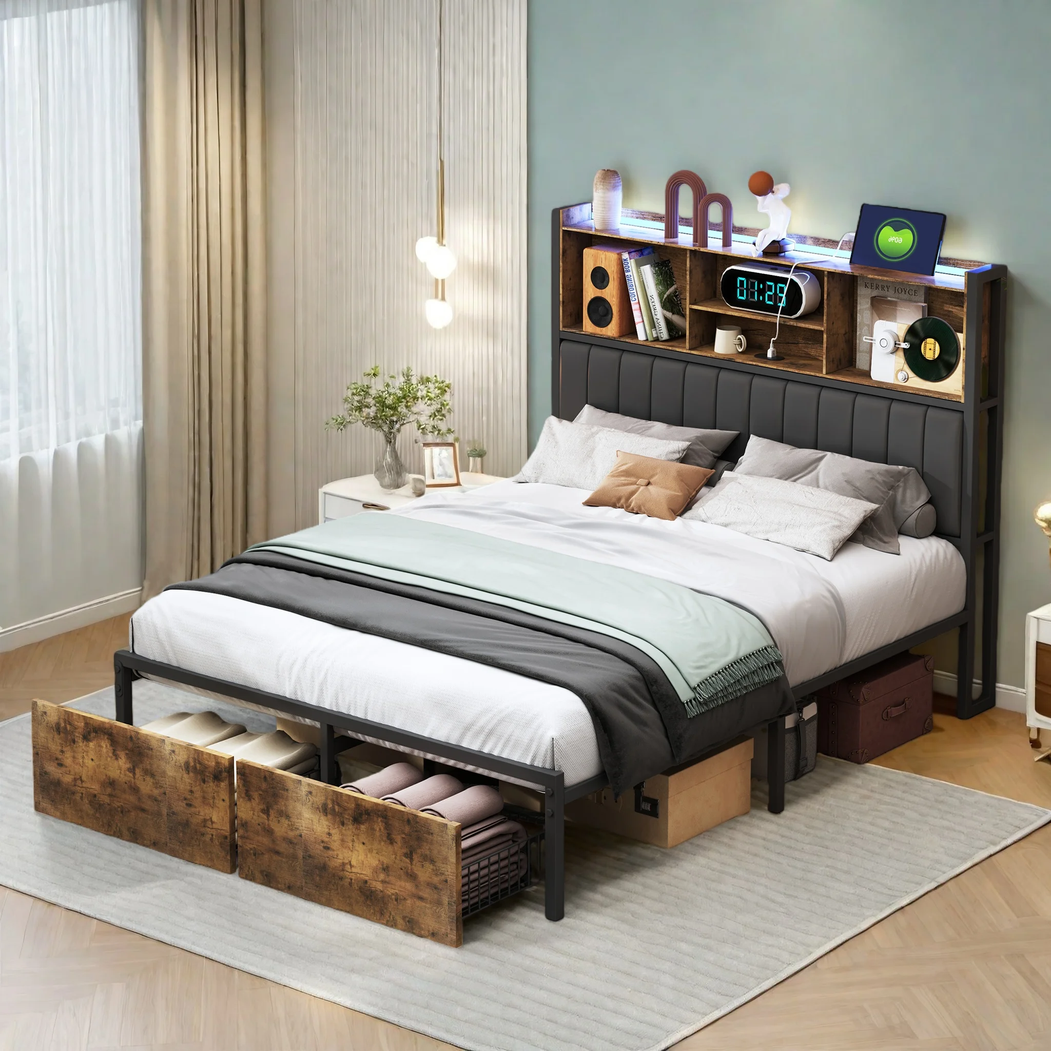 Superaly 140x200cm gepolstertes Doppelbett, Jugendbett, multifunktionales Bett mit LED-Beleuchtung, mit Schubladen und USB-Ladefunktion, PU