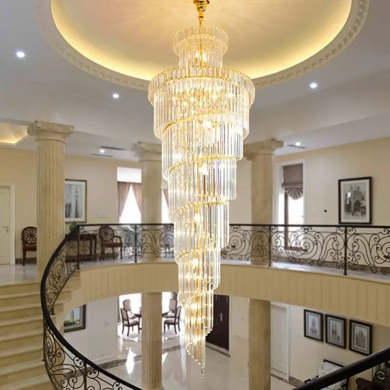 Lange Kristall-Treppen-Pendelleuchte, moderne Dachboden-Kristallleuchte, luxuriöse Villa, minimalistische freitragende Wendeltreppenleuchte
