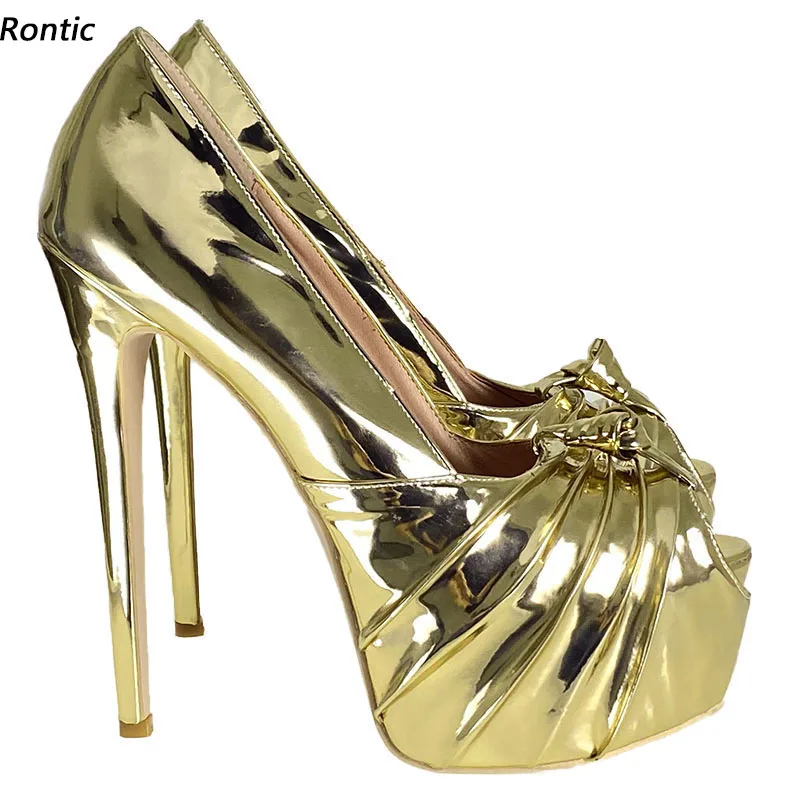 Rontic Handgemachte Frauen Plattform Pumpen Patent Ultra Hohen Stiletto-Heels Peep Toe Wunderschöne Gold Party Cosplay Schuhe UNS Größe 5-20