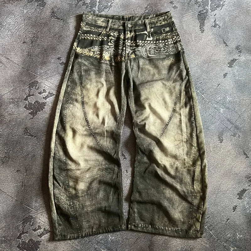 Y2K Mode Neue Gelbe Gewaschene Vintage-Muster Bedruckte Baggy Jeans Damen Gothic Hip Hop Beliebte Lässige Joker Weitbeinige Hosen