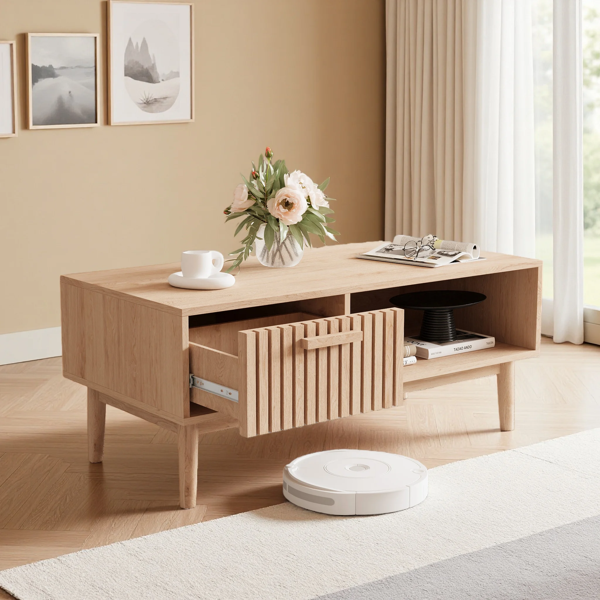 Superaly 100 x 50 x 43 cm moderner Rattan-Couchtisch, Wohnzimmertisch aus Holz mit Schublade, für Wohnzimmer und Schlafzimmer, Holzfarbe Image