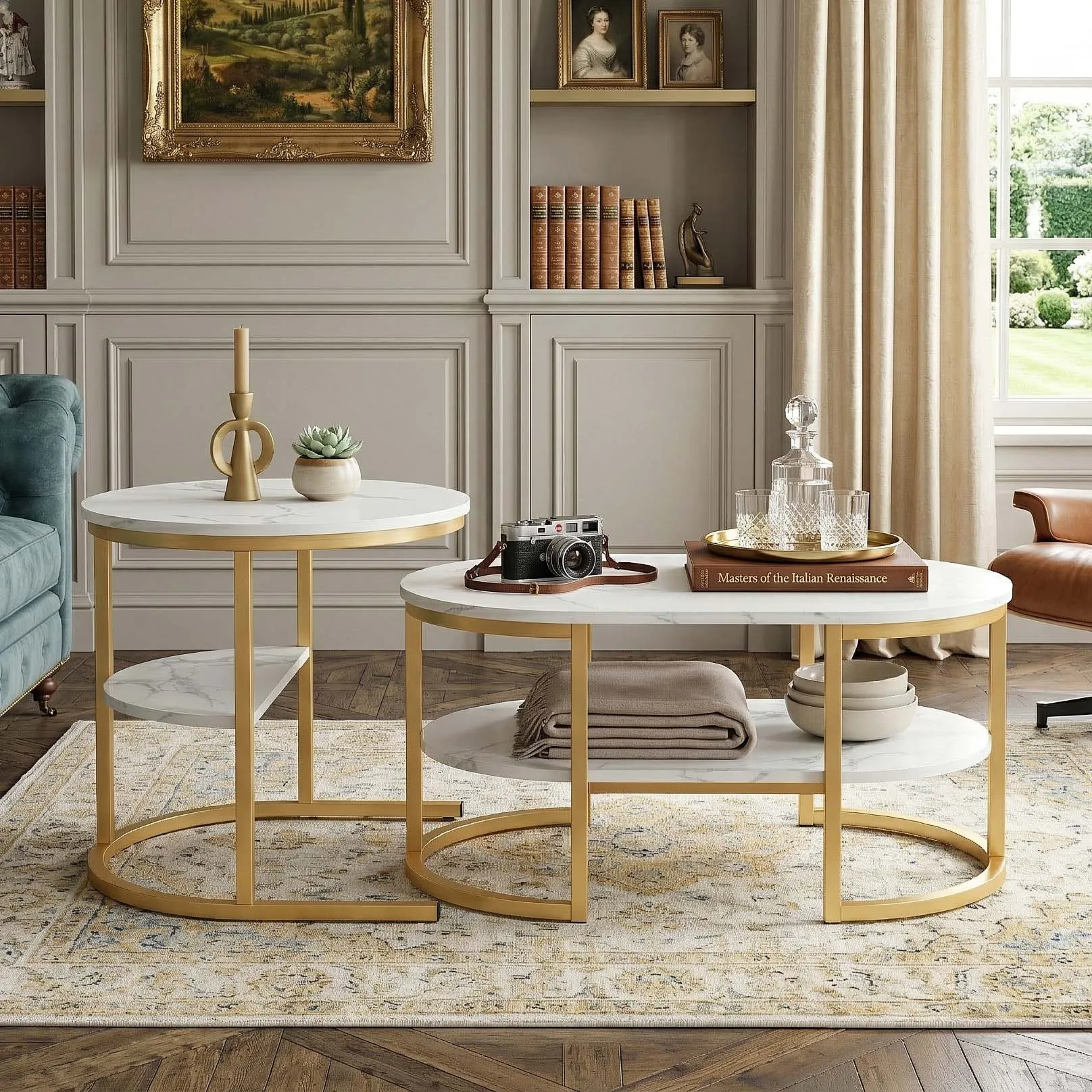 2-Tough-Tisch, ovaler Tisch 80 cm + runder Tisch 52 cm, weißer Marmor- und goldener Metalleffekt, Aufbewahrung auf 2 Ebenen, Desi-Set