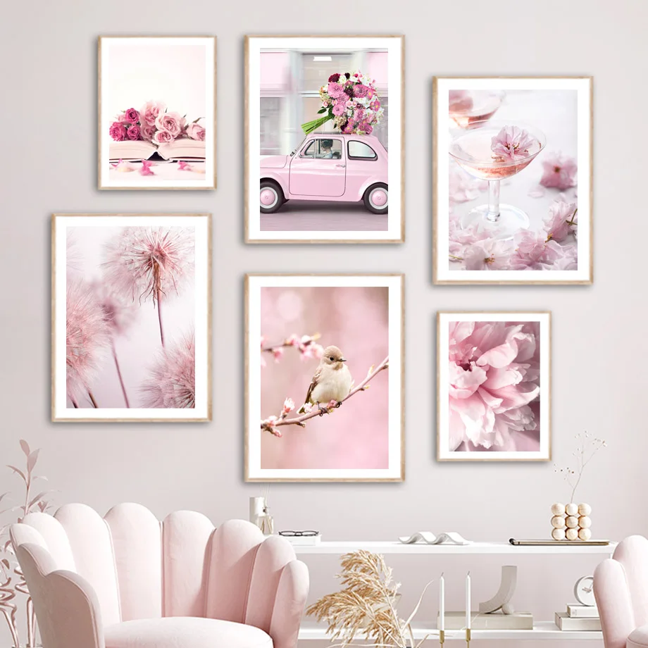 1 Stück Rahmenloses Frühlings-Blumenbild mit Rosa Rosen, Pfingstrosen, Kirschblüten, Löwenzahn, Orchideen und Spatzen, Auto- und Gartenposter, Blumen-Wandkunst, Leinwandgemälde für Zuhause