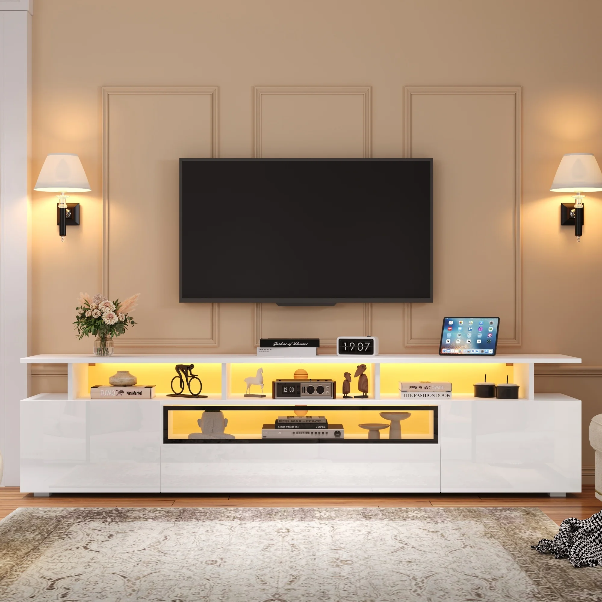 Hochglanz TV-Schrank mit 2 Schränken und 1 Schublade, LED-Lichtstreifen, 4-Schicht-Design, Weiß Image