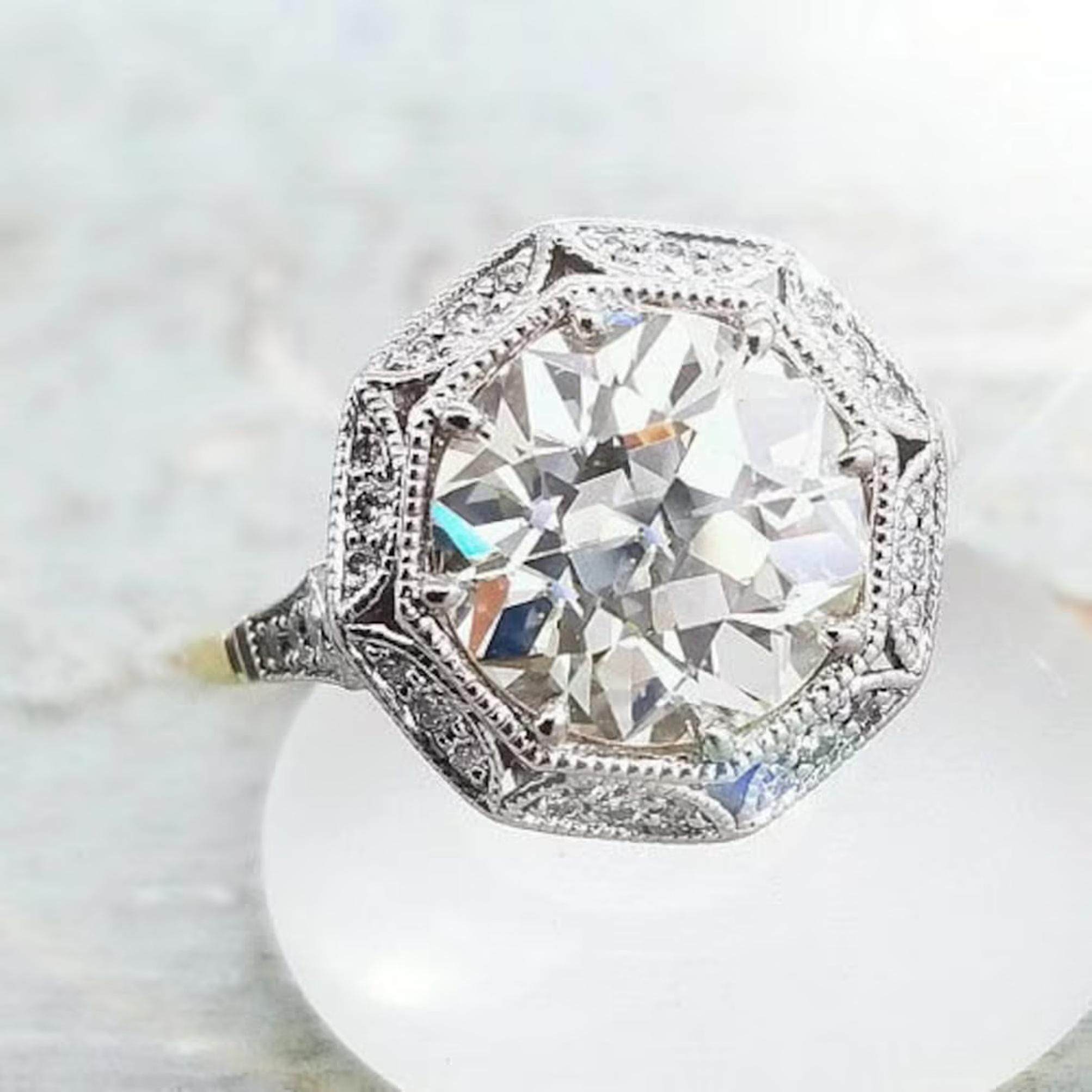 Anello di fidanzamento vintage Art Déco con moissanite taglio Old Euro e diamante, anello antico Art Déco con alone, anello nuziale Art Déco edoardian