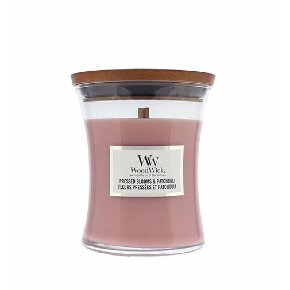 Candela profumata WoodWick Pressed Blooms & Patchouli con stoppino in