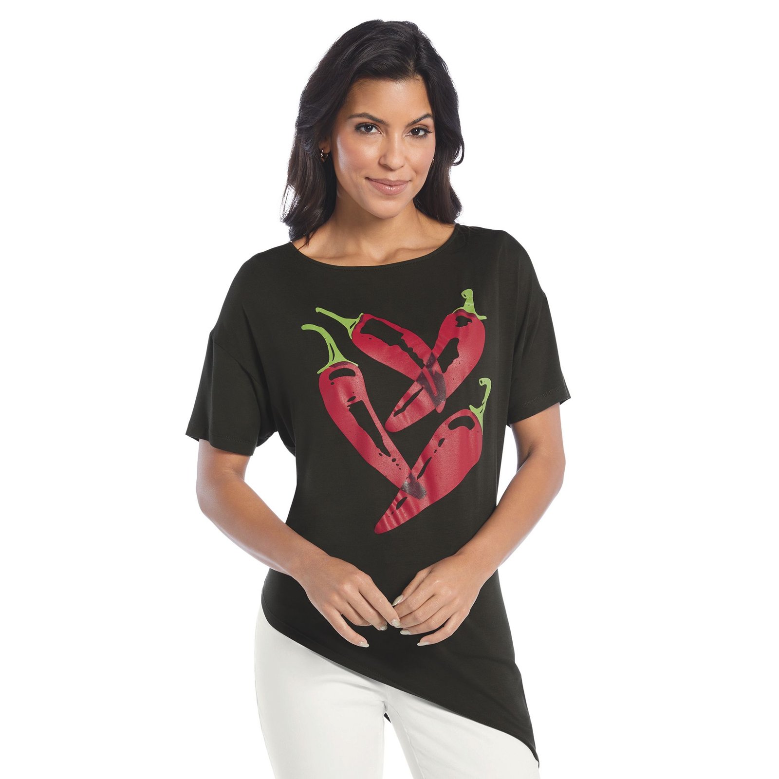Masseys City Girl Asymmetrcial Tee (Size 2X) Chili Pepper/Vintage Black, Elastine,Viscose