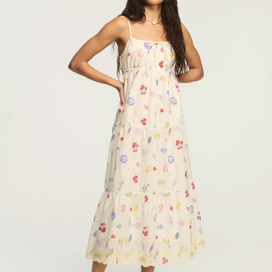 Lucky Brand Printed Eyelet Tiered Midi Dress - Women's Clothing Dresses Shirt Midi Dress in Multi Conversational Print, Size S