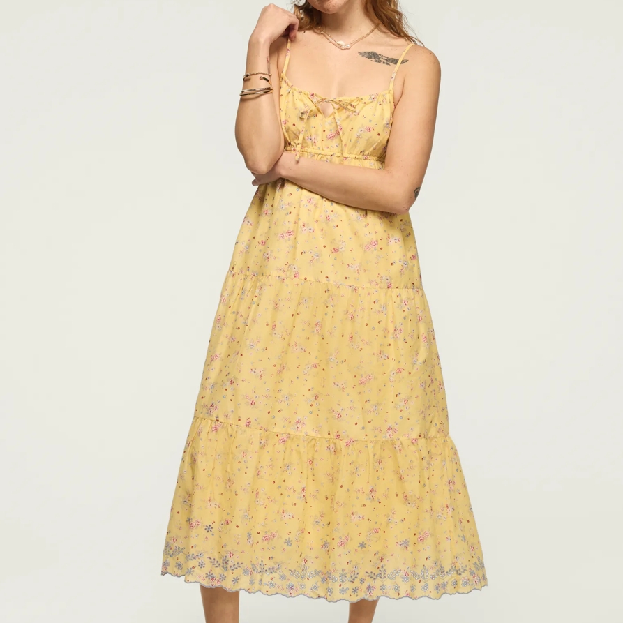 Lucky Brand Printed Eyelet Tiered Midi Dress - Women's Clothing Dresses Shirt Midi Dress in Yellow Floral, Size S