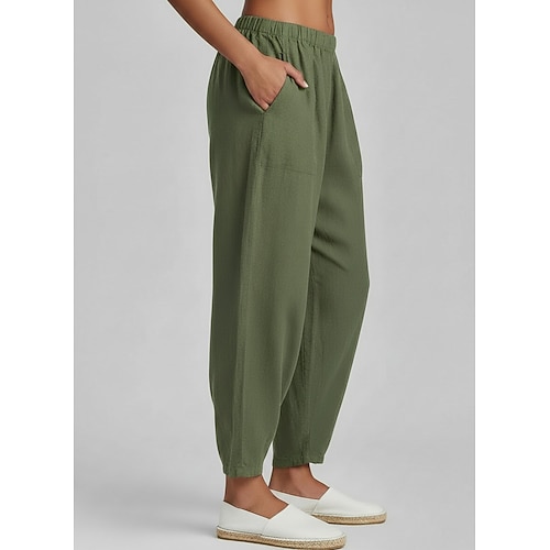 Damen Sommerhose 100% Baumwolle Baggy-Hosen Haremshose Urlaub Basic Komfort Volle Länge Natürliche Taille Einfarbig Einfach Tasche Elastischer Bund Komfort Unelastisch Täglich Lässig Armee-Grün Grau Image