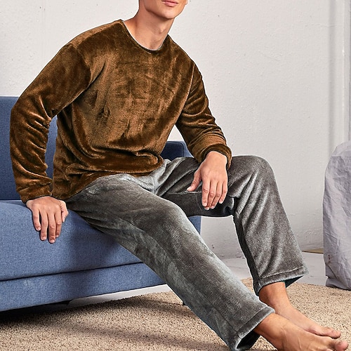 Herren Hausanzug Schlafanzüge Schlafanzug Set Pyjama-Oberteil und Hose 2 Stück Glatt Stilvoll Brautkleider schlicht Komfort Heim Täglich Flanell Komfort Rundhalsausschnitt Langarm Pullover Hose Image