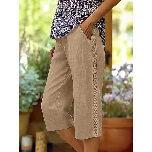 Damen Caprihose Kunstbaumwollleinen Sommershorts Hosen Hose Streetwear Lässig Knielang Mittlere Taillenlinie Einfarbig Tasche Bequem Atmungsaktiv Unelastisch Täglich Outdoor Urlaub Schwarz Grün Image